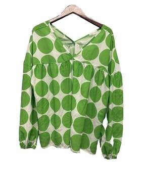 Green and White Polka Dot V-Neck Long Sleeve Blouse